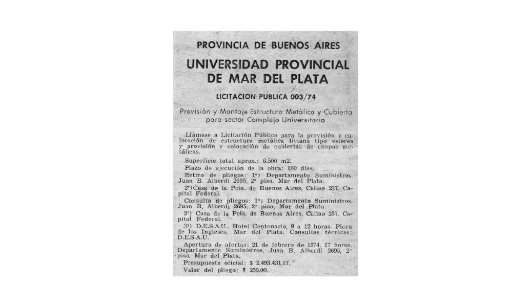 Provincia de Buenos Aires Universidad provincial de Mar del Plata licitación pública 003/74