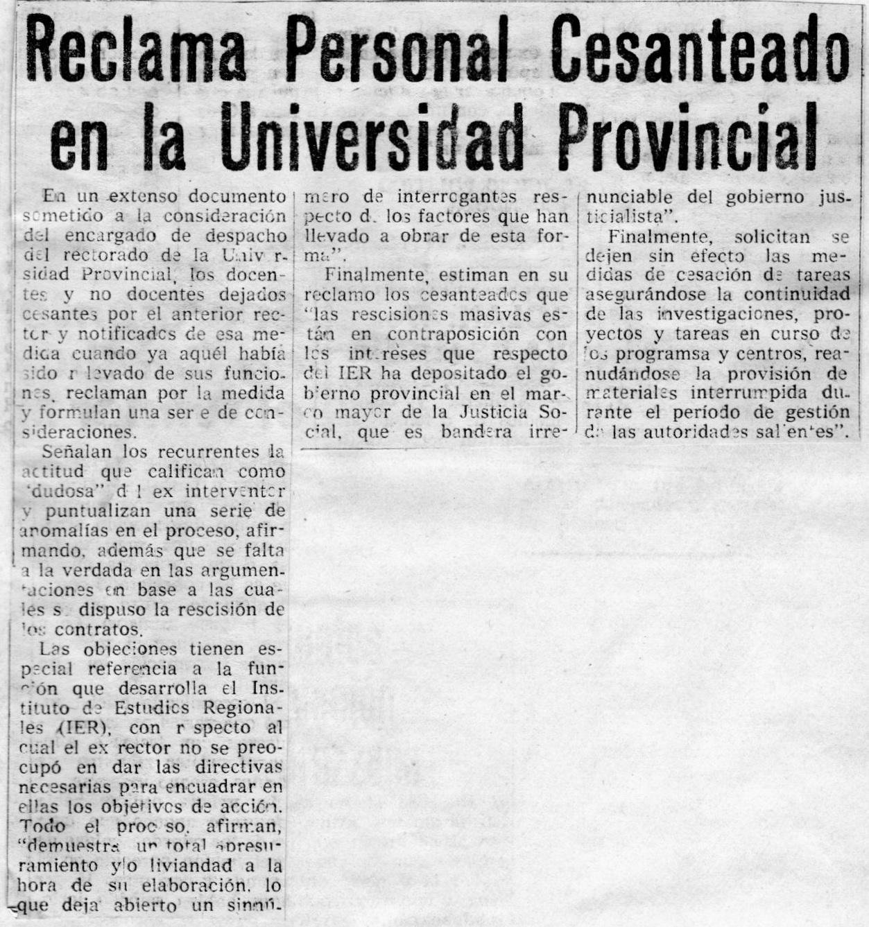 Reclama personal cesanteado en la Universidad Provincial