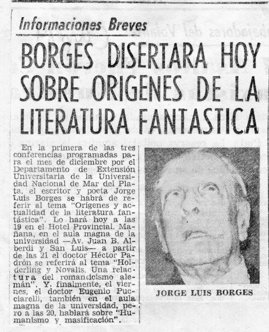 Borges disertará hoy sobre orígenes de la literatura fantástica