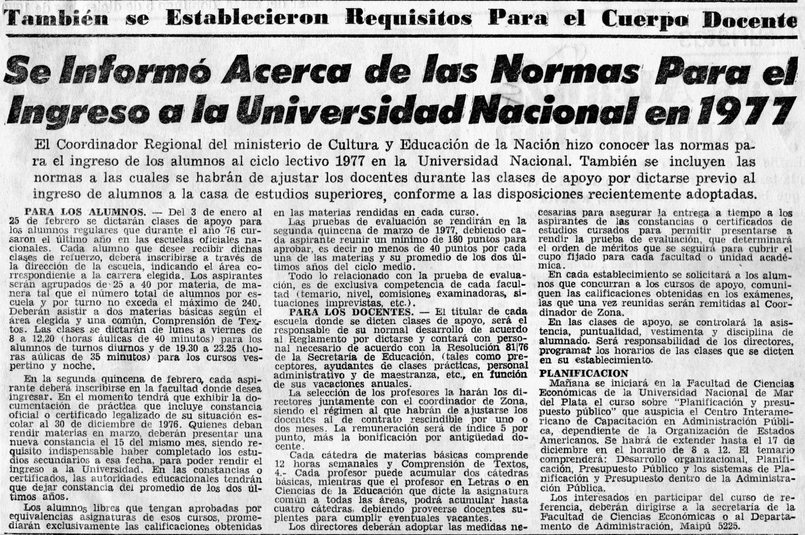 Normas Para el Ingreso a la Universidad Nacional en 1977